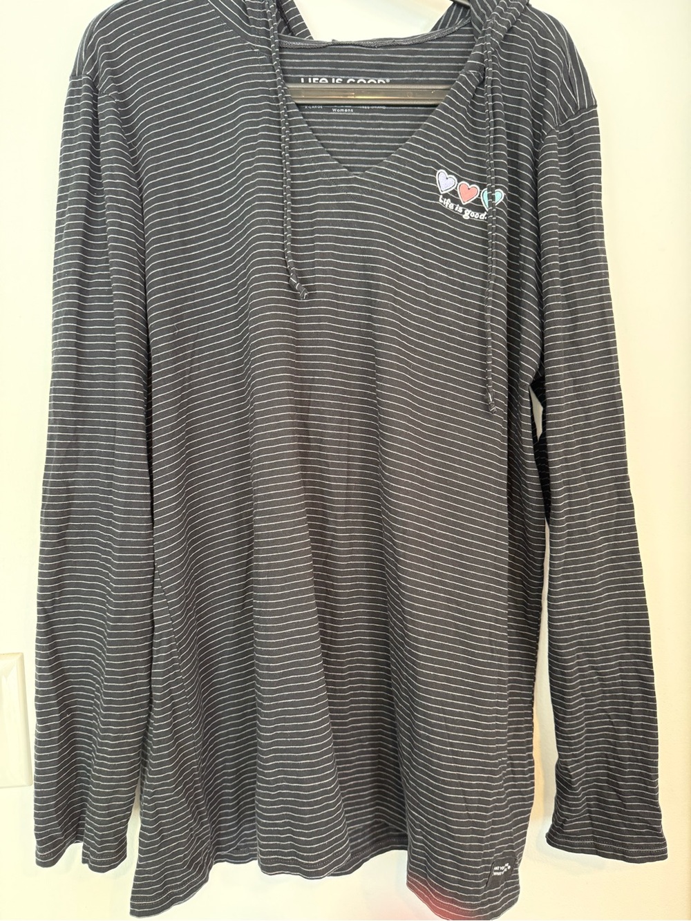 Life Is Good Charcoal & White Striped V-Neck Hoodie with Heart Patch